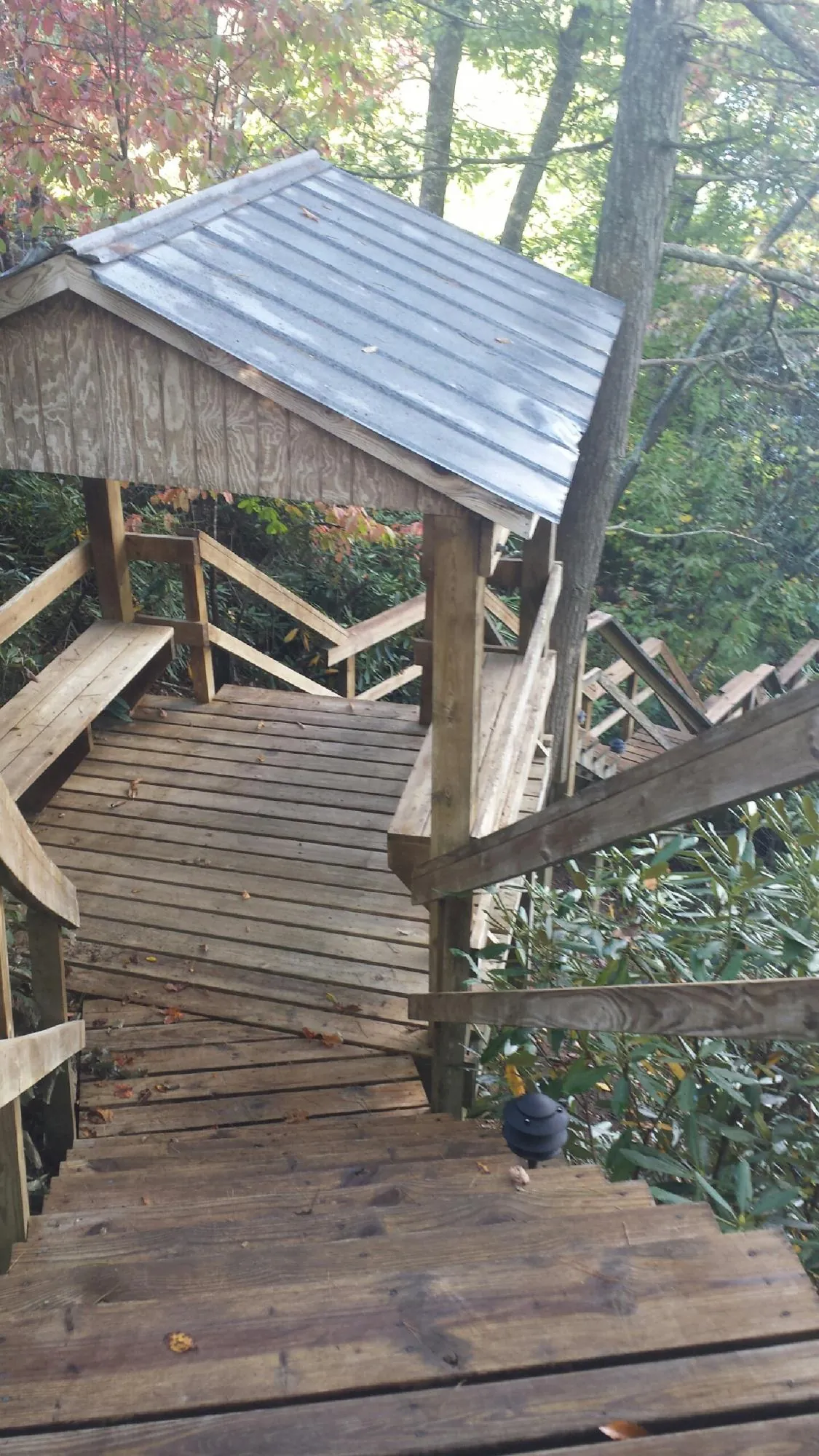 Metal roofed shelter over wooden steps on a wooded walkway — Skylight Repair & Installation work by our crew in Roaring Spring